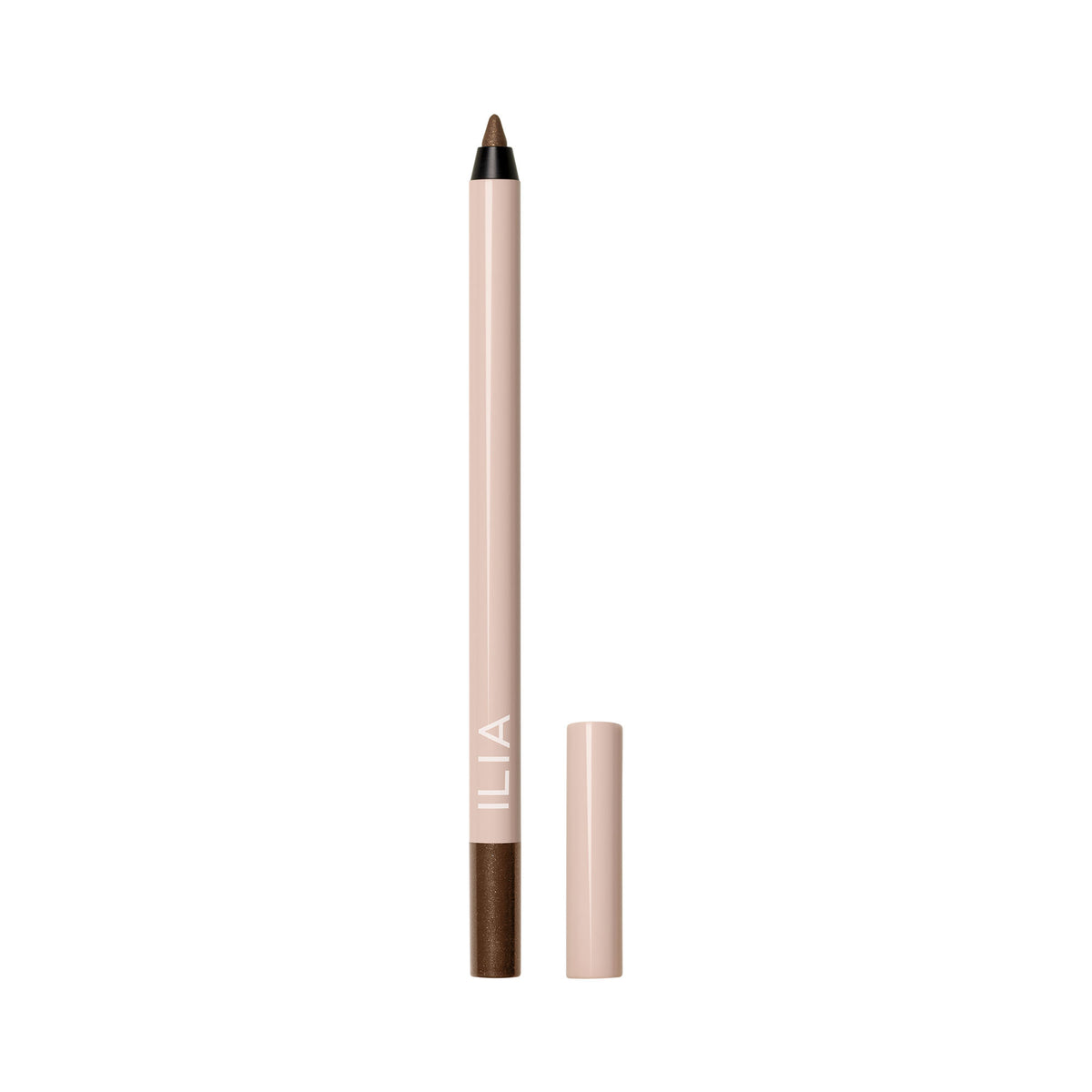 ILIA Thru Line Waterproof Eyeliner pencil in beige with brown lead on a white background, eye makeup.