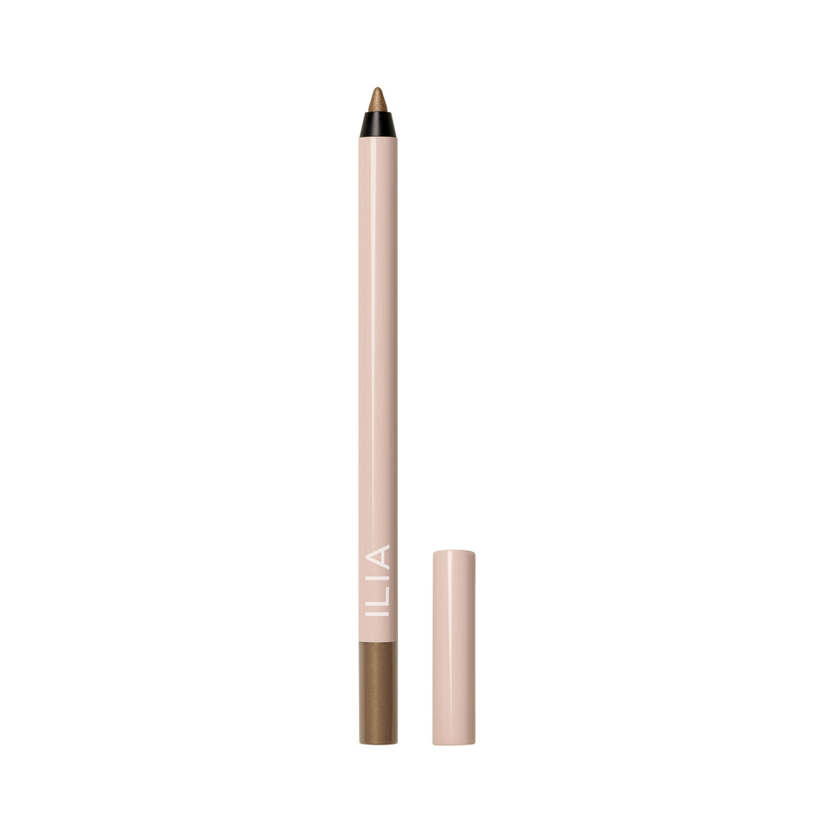 ILIA Thru Line Waterproof Eyeliner in a beige pencil tube with matching cap against a white background. Eye makeup.