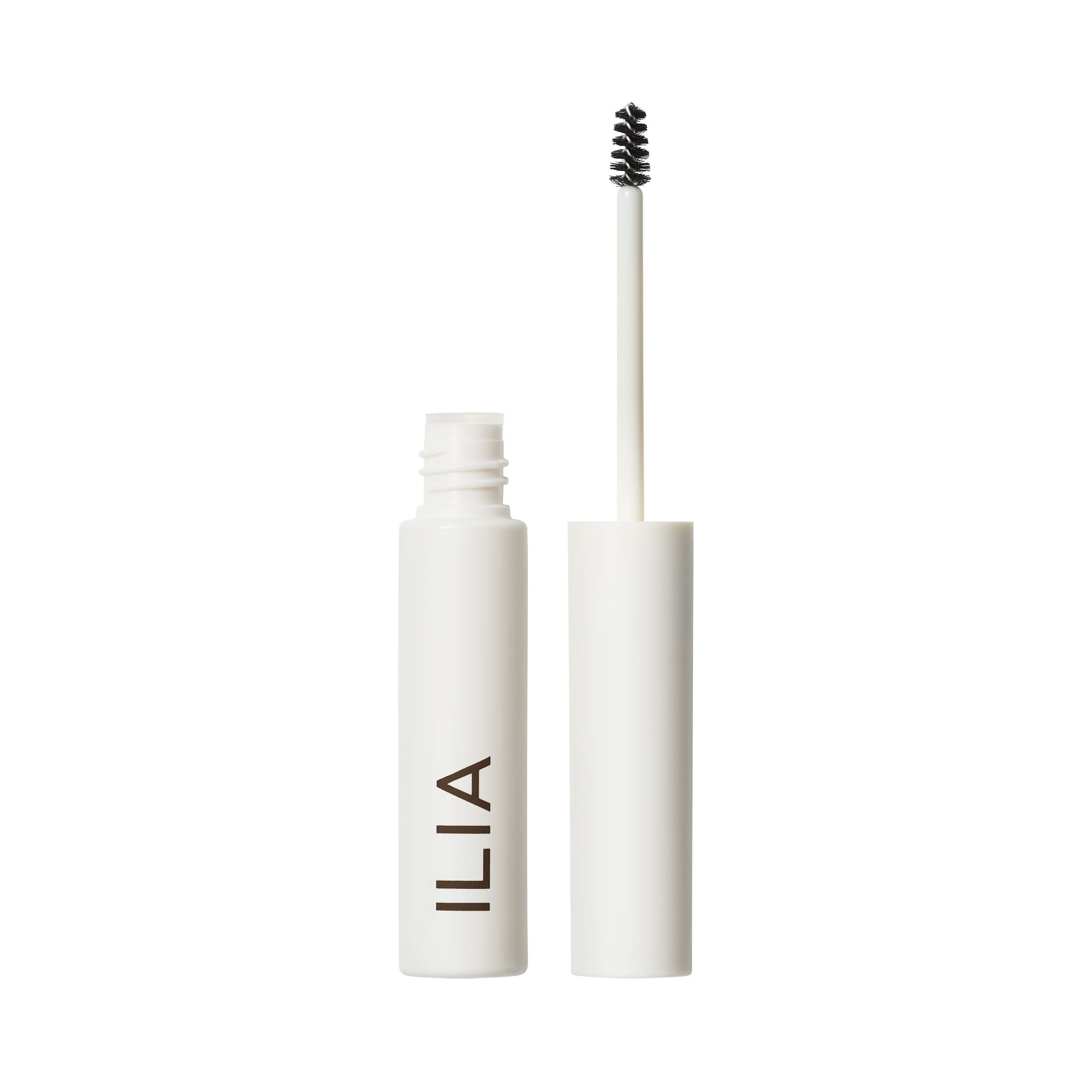 ILIA In Frame Brow Gel in weißer Tube mit Bürste auf weißem Hintergrund, Augenbrauenpflege