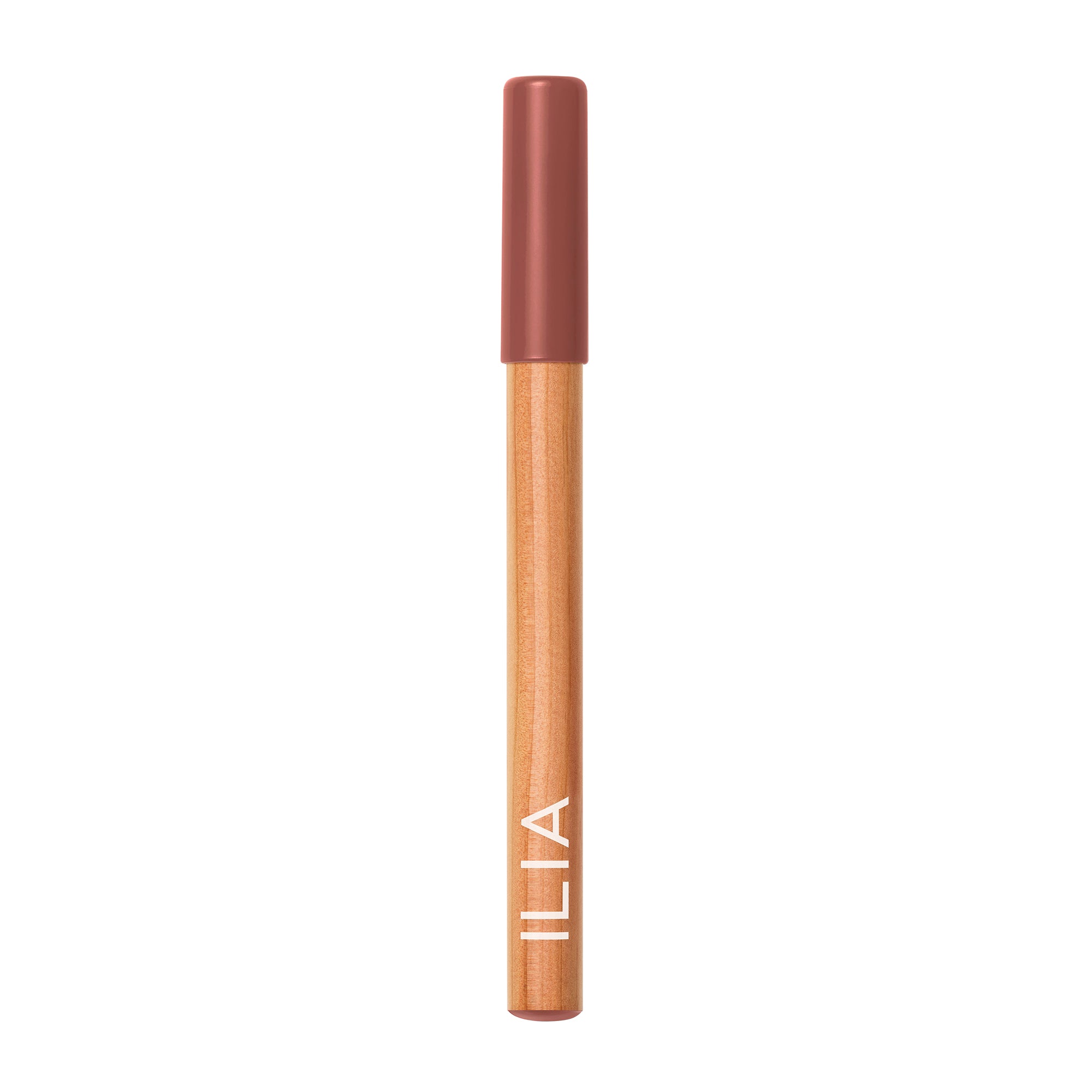 ILIA Lip Sketch Hydrating Crayon in brown wood-toned tube with cap on white background, lip care