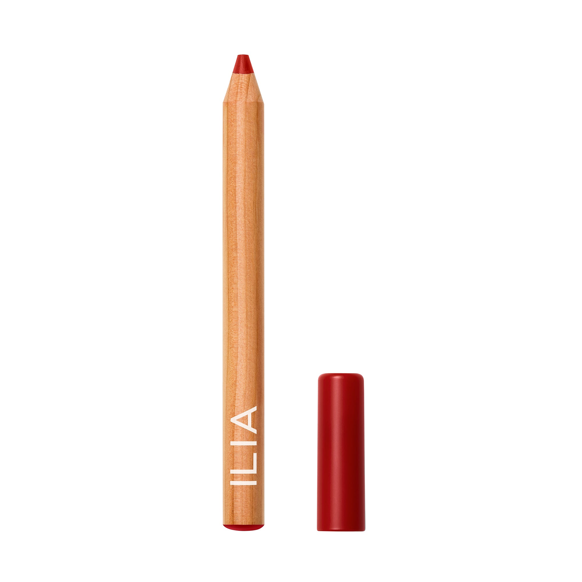 ILIA Lip Sketch Hydrating Crayon, wood-style pencil tube with red cap on white background, lip care
