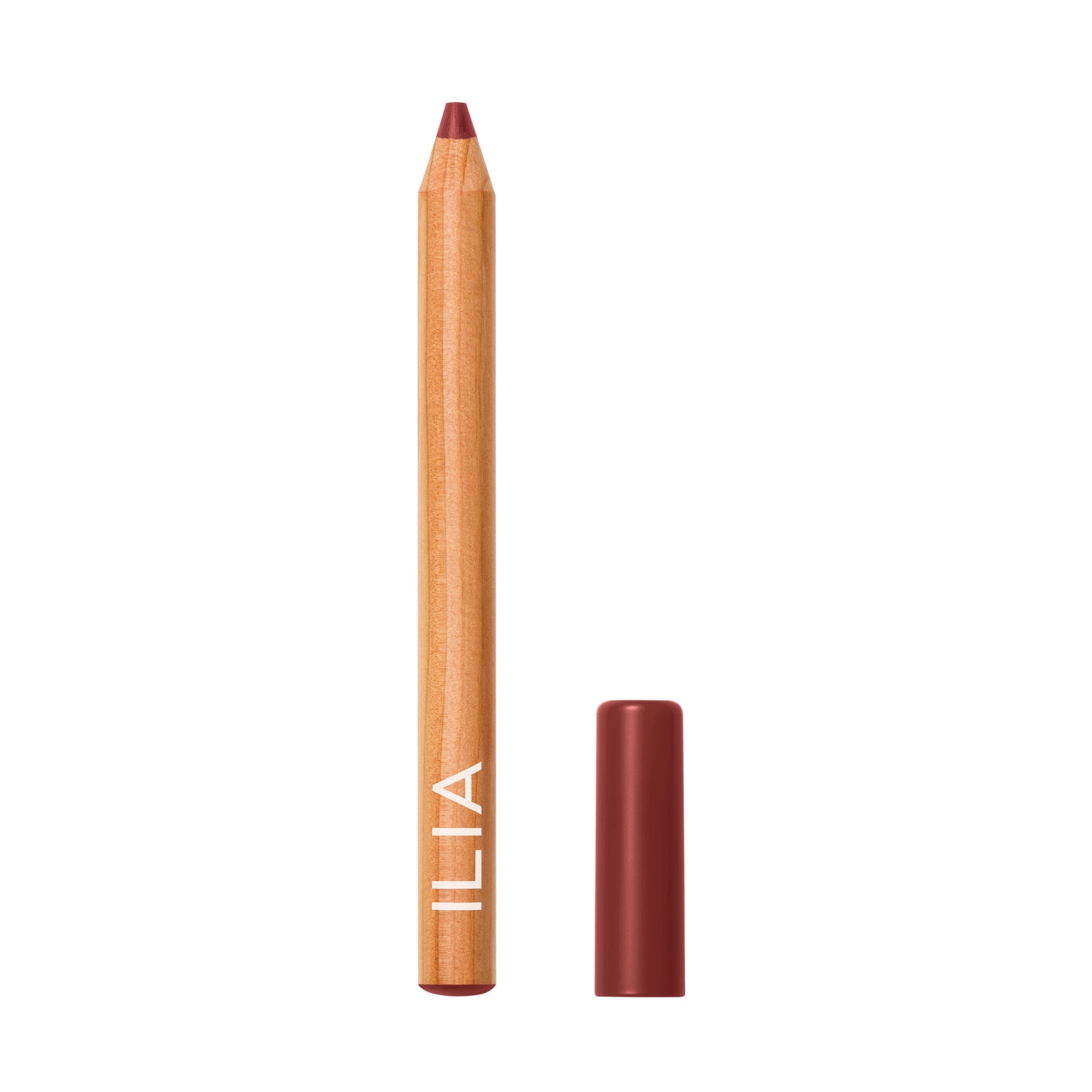 ILIA Lip Sketch Hydrating Crayon, wood-colored pencil with burgundy cap on white background, lip care