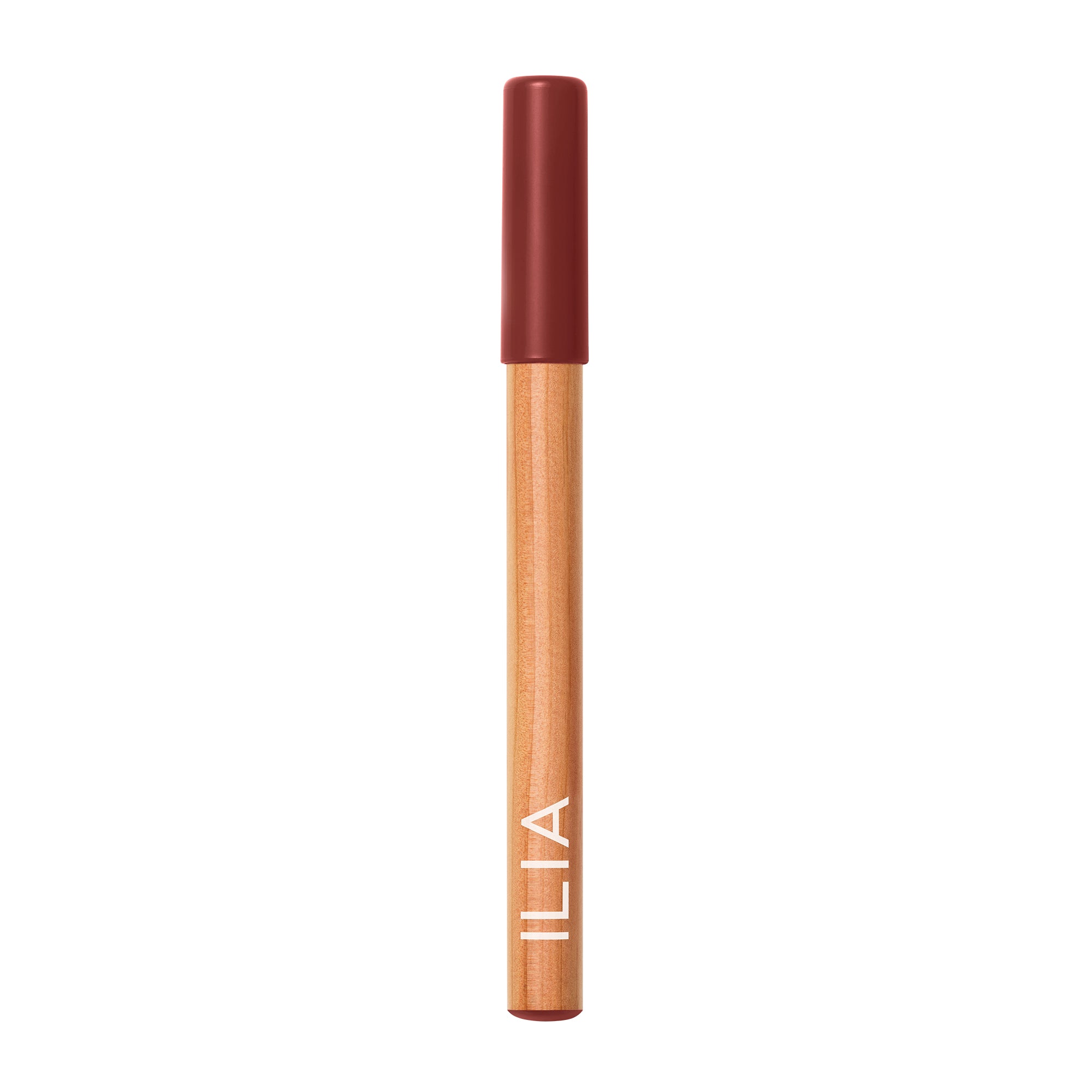 ILIA Lip Sketch Hydrating Crayon, wood-style tube with burgundy cap on white background, lip makeup