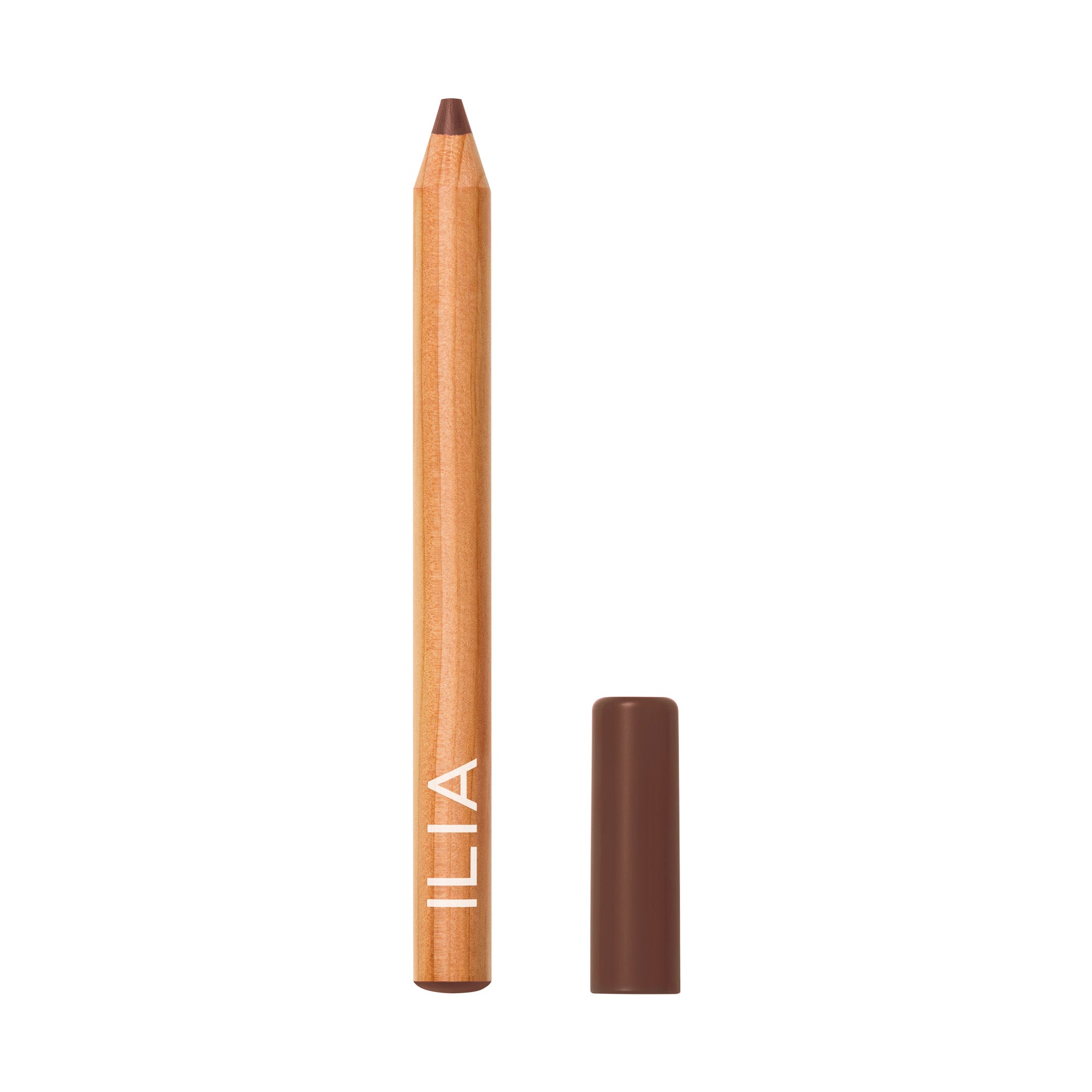 ILIA Lip Sketch Hydrating Crayon, brown lip pencil with brown cap on white background, lip care