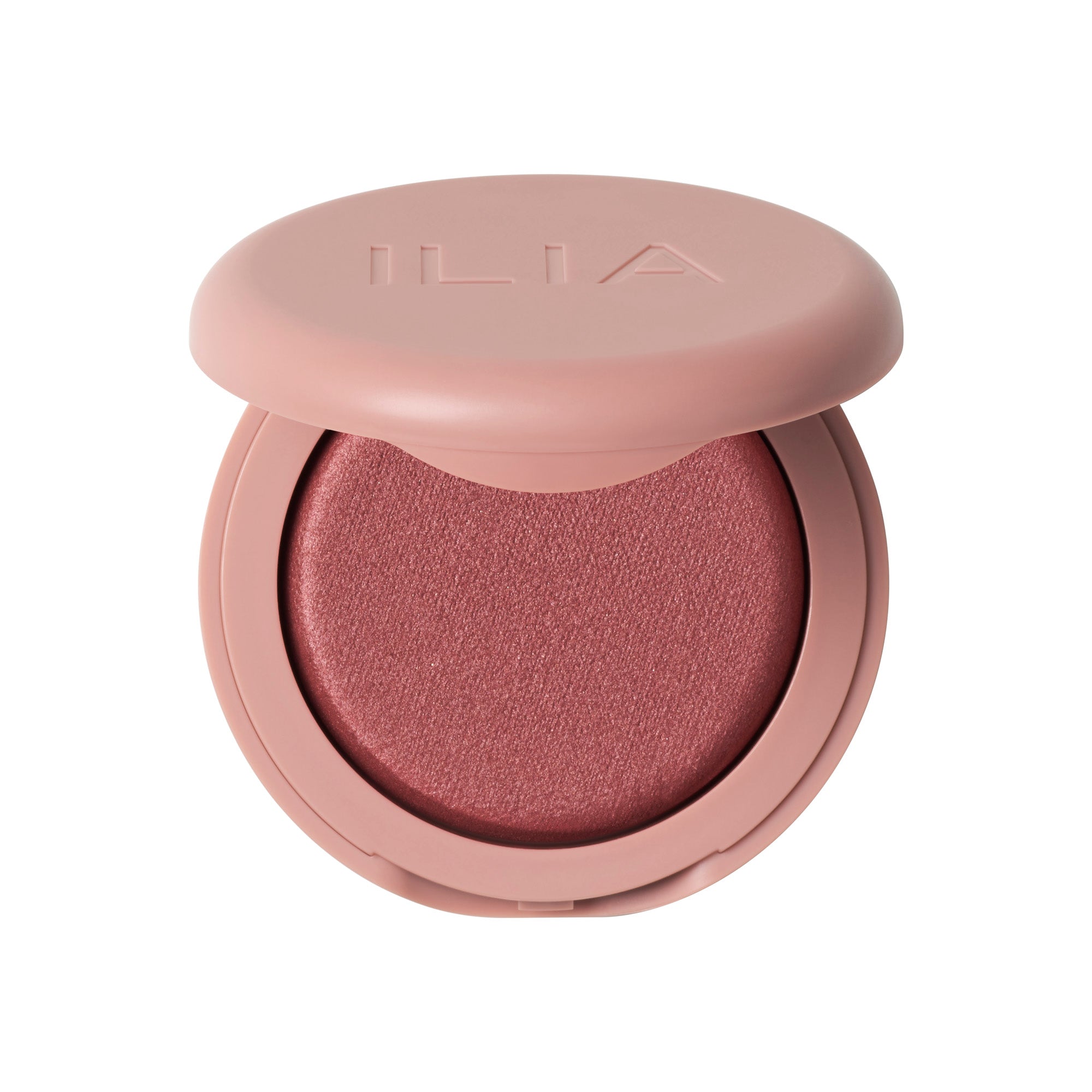 ILIA Soft Focus Blurring Blush in einem rosafarbenen Tiegel auf weißem Hintergrund, Make-up