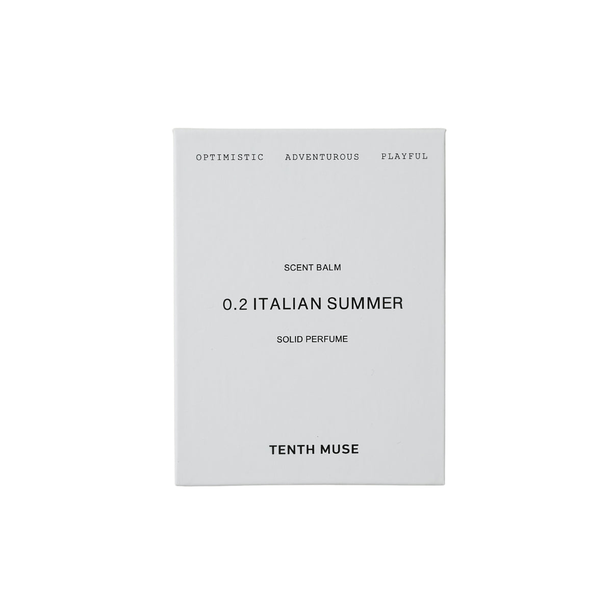 Tenth Muse 0.2 Italian Summer Solid Perfume, weiße quadratische Kartonverpackung vor weißem Hintergrund.