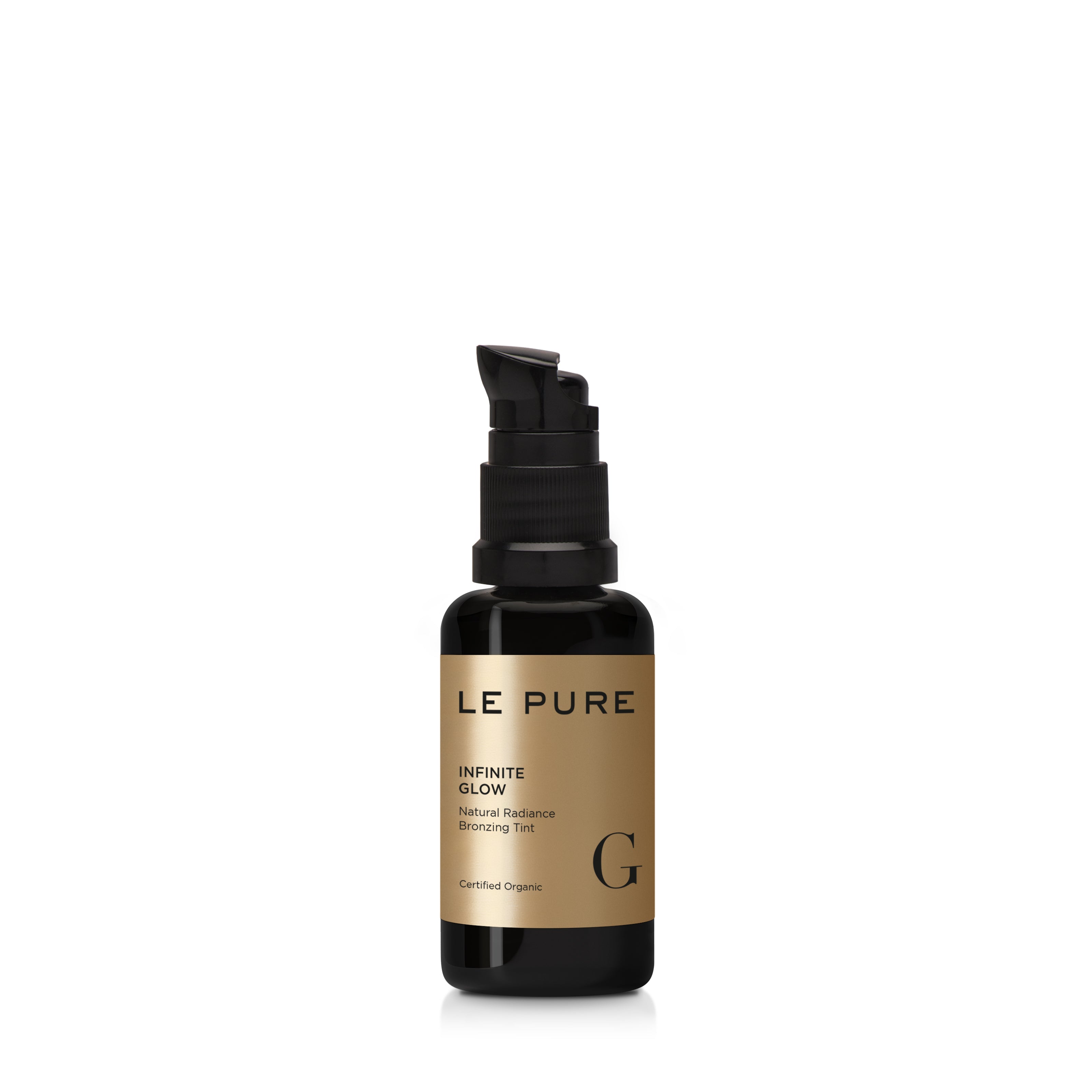 Le Pure Infinite Glow, black bottle with gold label and pump on white background, skin care