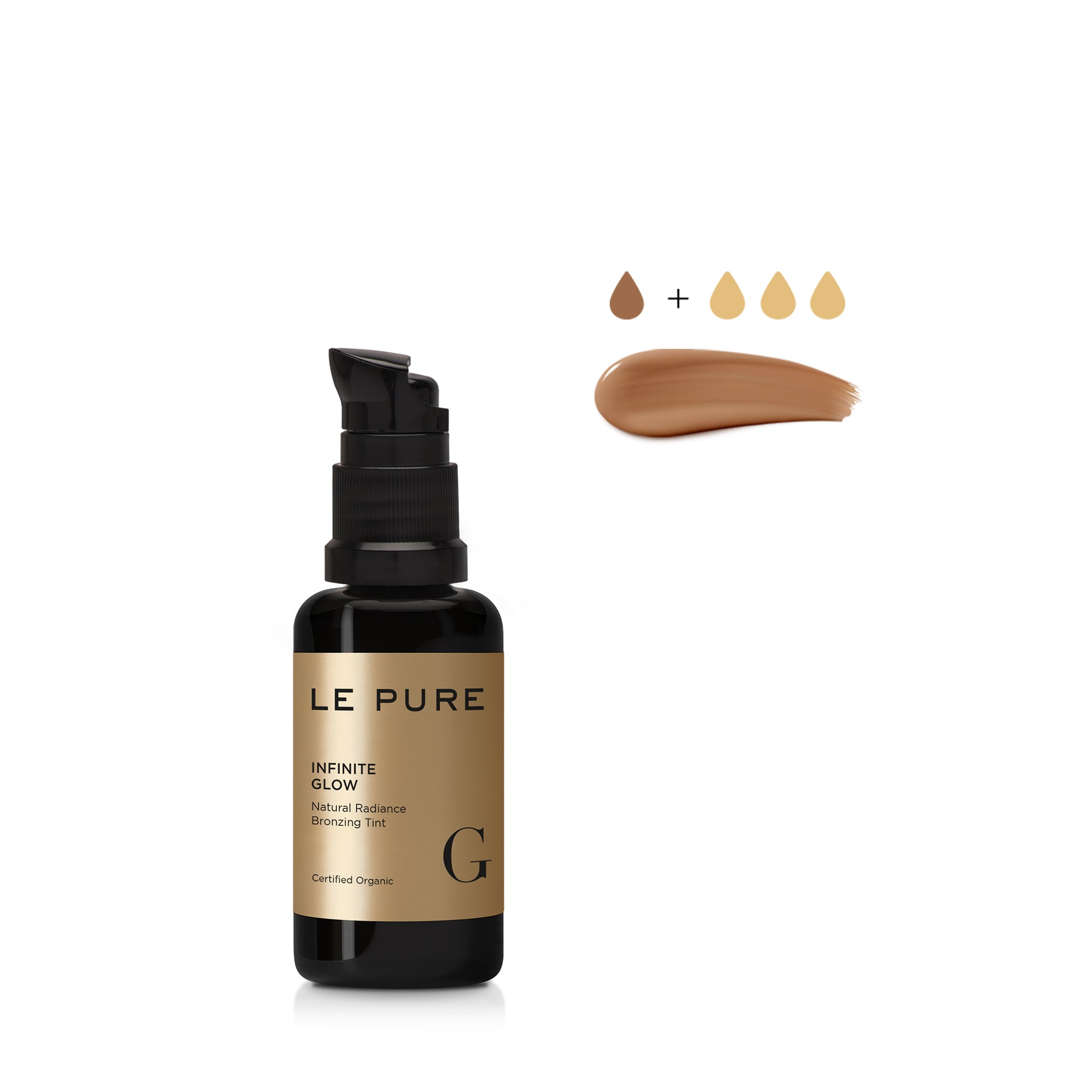 Le Pure Infinite Glow, black bottle with gold label and pump on white background plus colour swatch