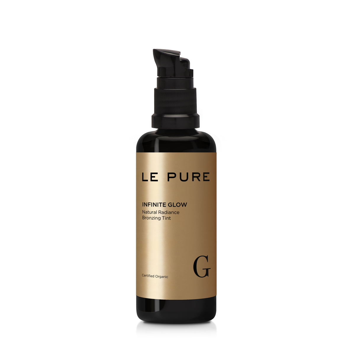 Le Pure Infinite Glow, schwarze Flasche mit goldetem Etikett und Pumpe auf weißem Hintergrund, Hautpflege