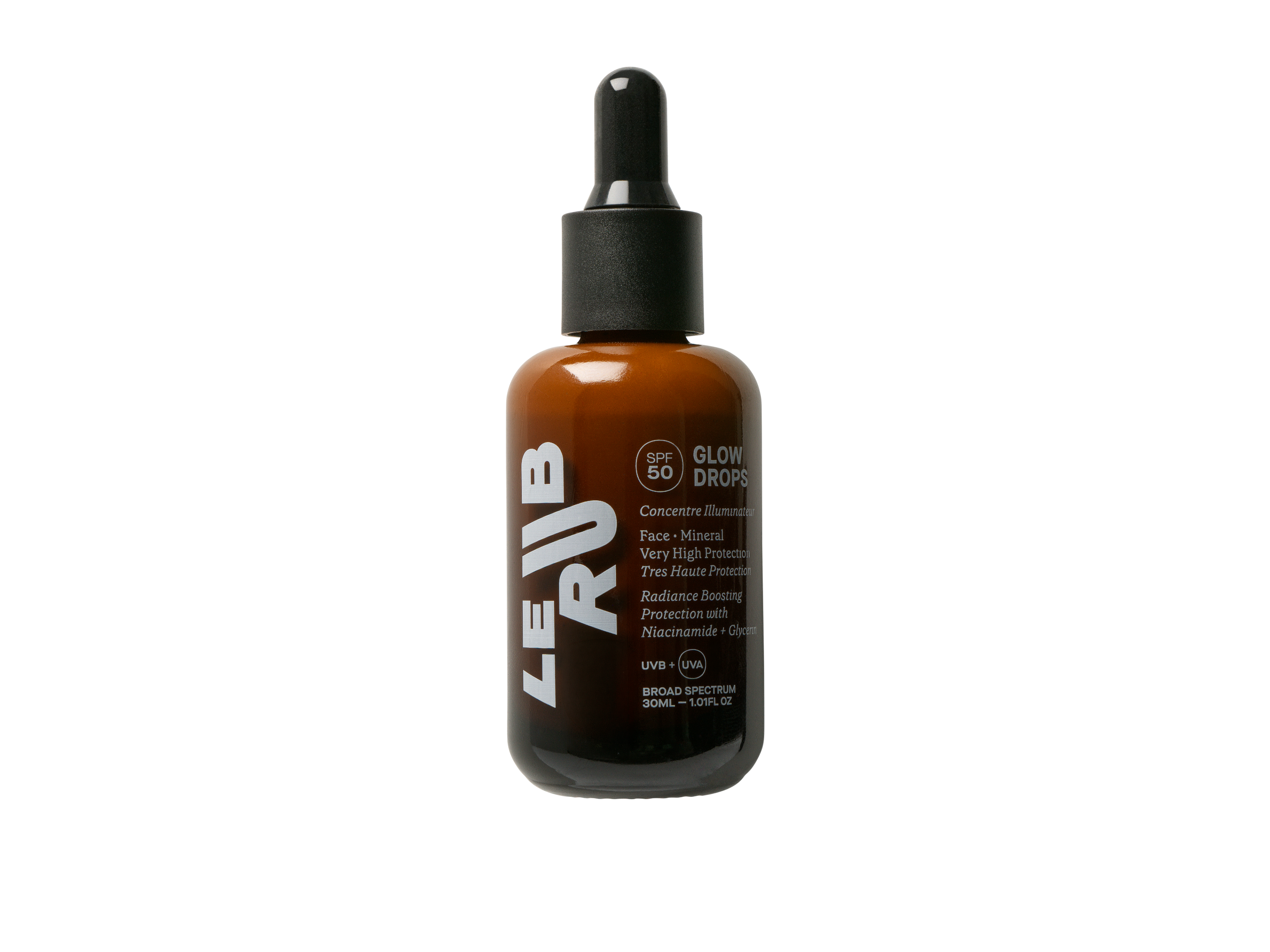 LE RUB Glow Drops SPF 50 in einer braunen Pipettenflasche, auf weißem Hintergrund für die Hautpflege.