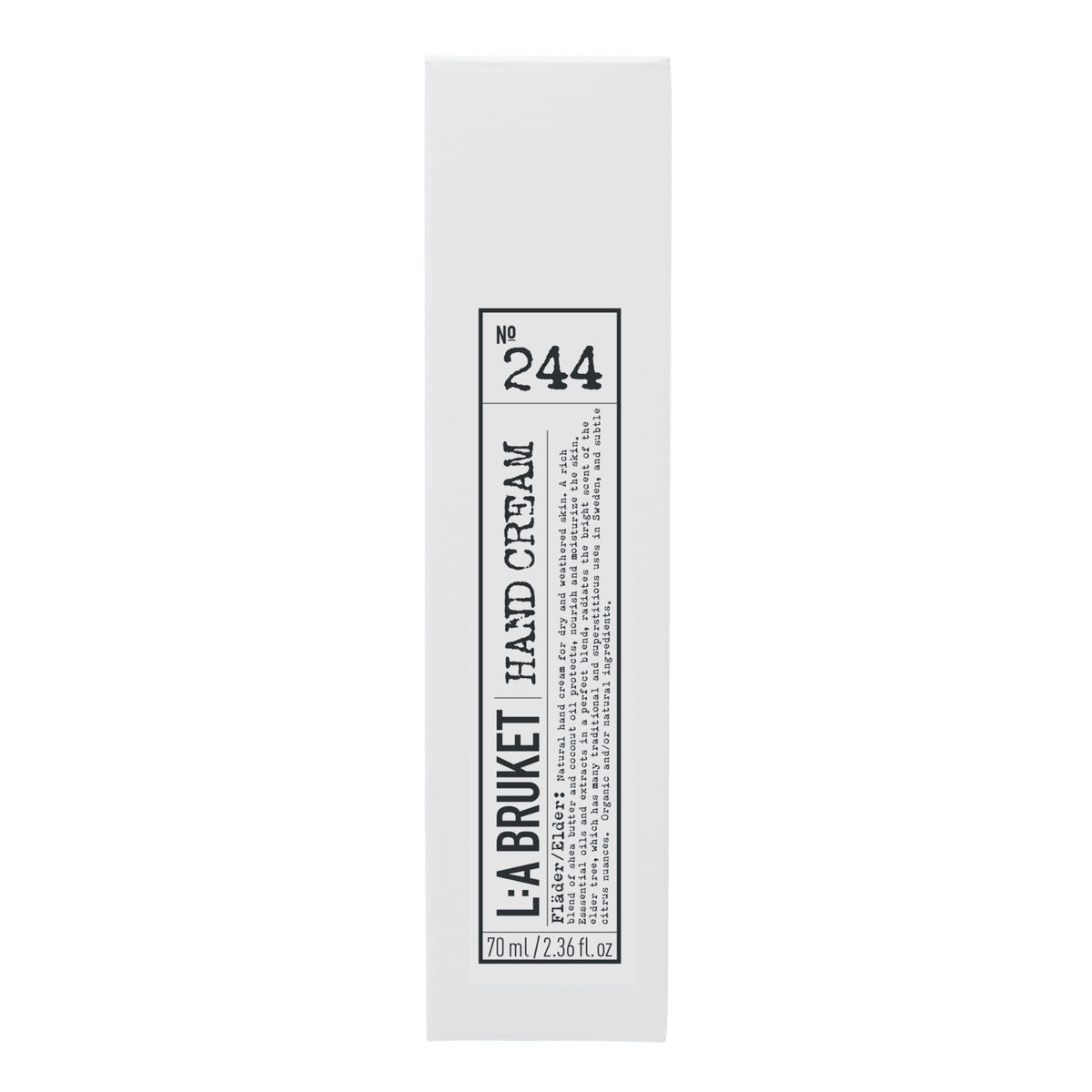 L:A Bruket No. 244 Handcreme in weißer Tube mit schwarzem Verschluss vor weißem Hintergrund, 70 ml, Hautpflege.