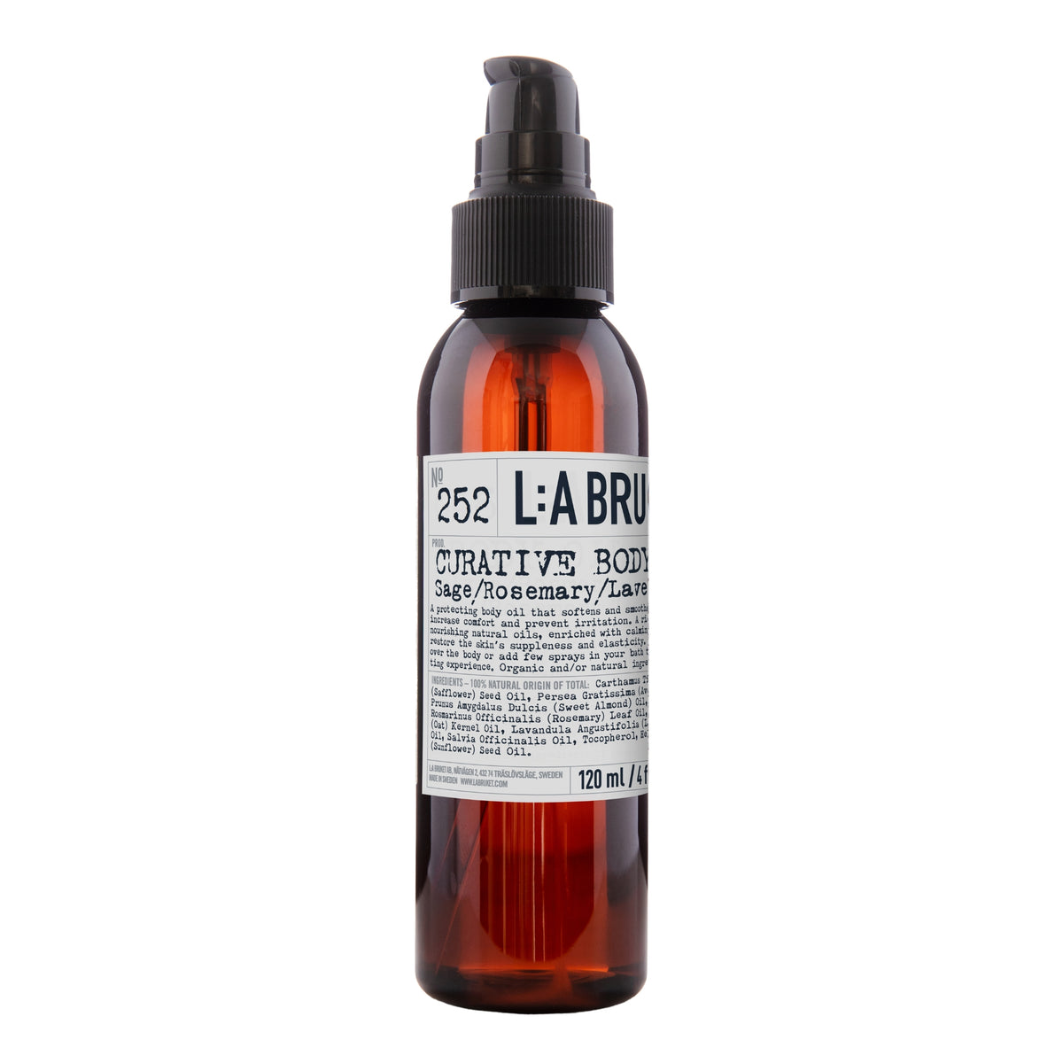 L:A Bruket No. 252 Curative Body Oil, brown 120ml bottle with black pump on white background, skin care
