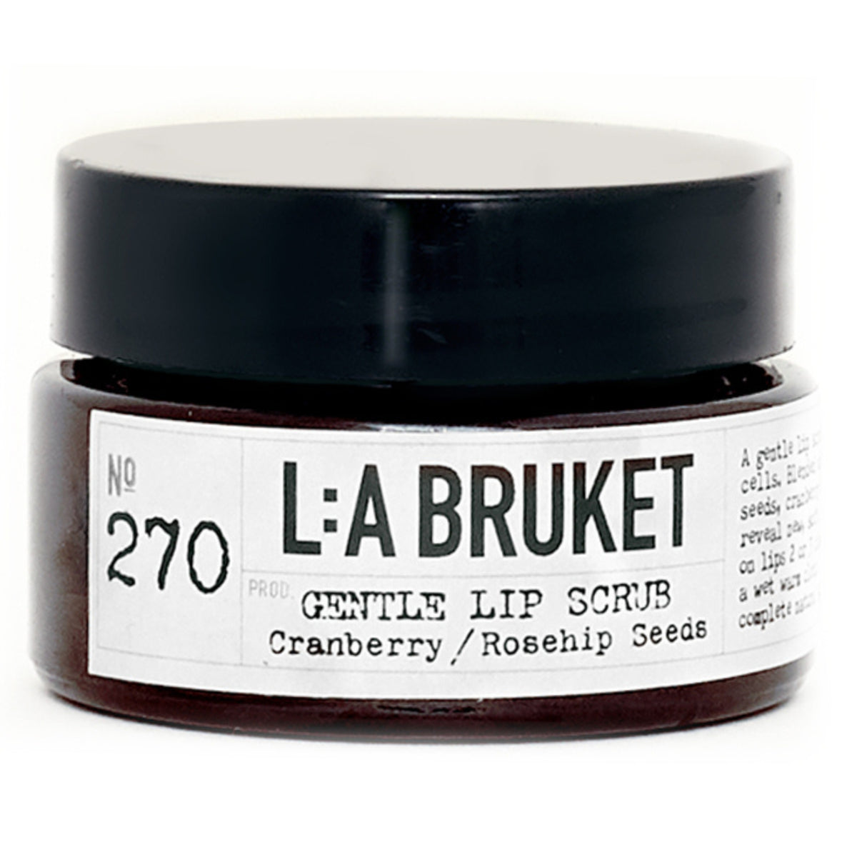 L:A Bruket No. 270 Gentle Lip Scrub im dunklen Glastiegel mit schwarzem Deckel auf weißem Grund, Lippenpflege
