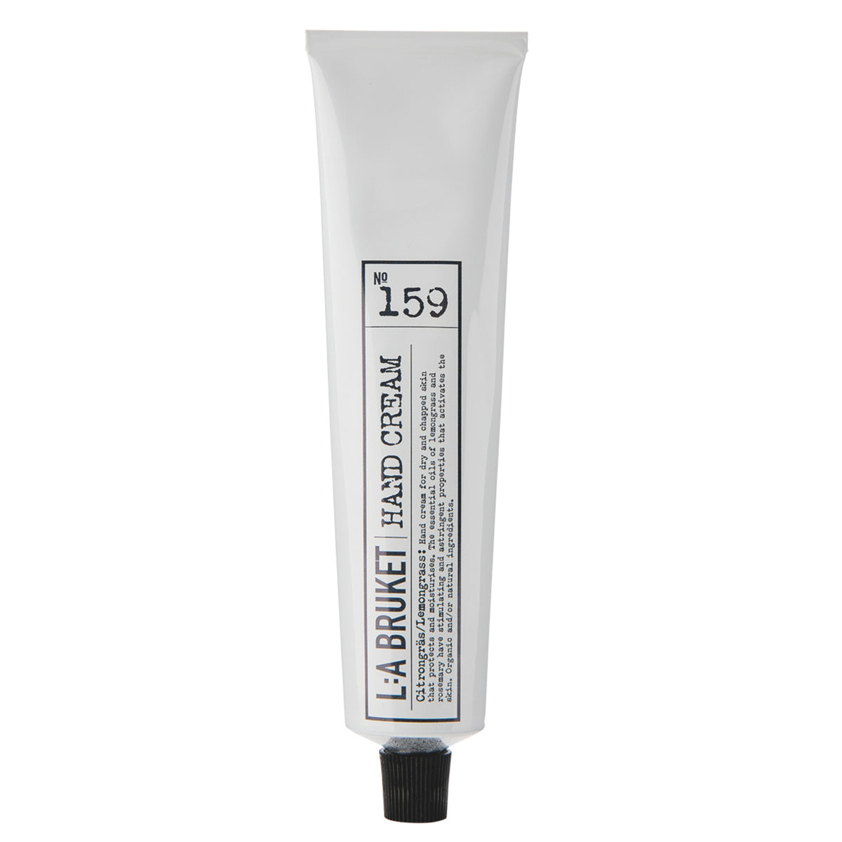 L:A Bruket No. 159 Handcréme Citrongräs in weißer Tube mit schwarzem Schraubverschluss auf weißem Grund, Hautpflege
