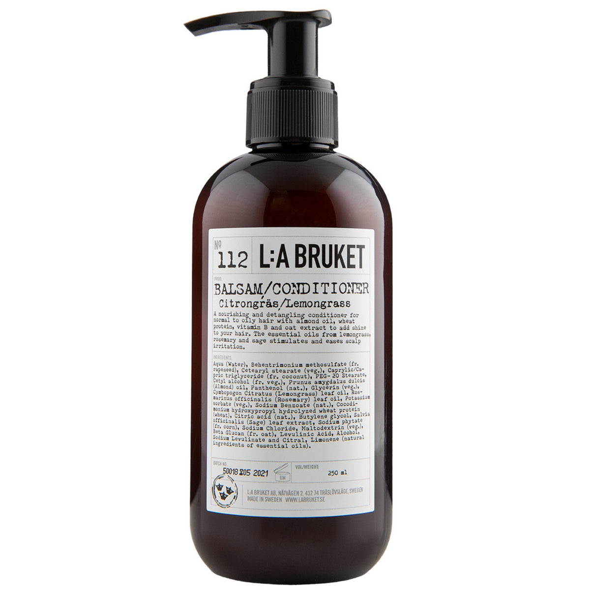 L:A Bruket No. 112 Lemongrass Conditioner in a brown 250ml pump bottle on a white background, hair care
