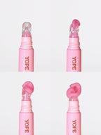 Four views of a pink YOPE product featuring a viscous pink texture on the applicator.