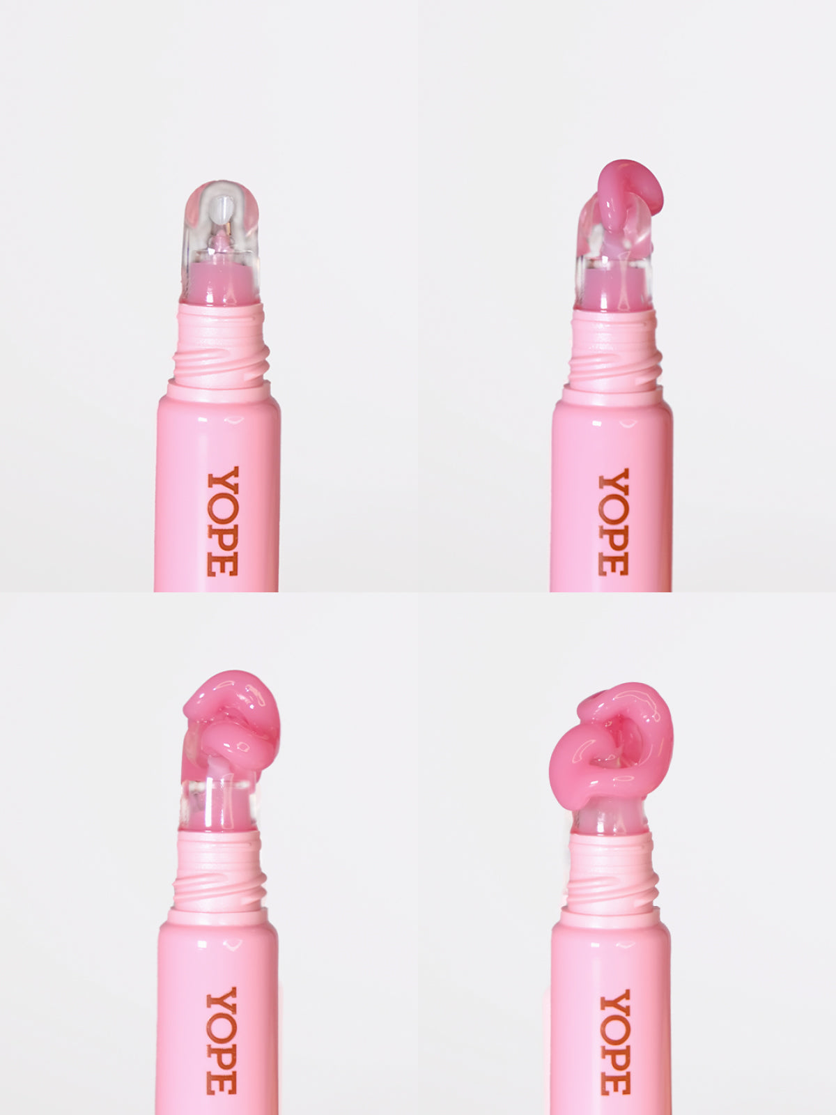 Four views of a pink YOPE product featuring a viscous pink texture on the applicator.