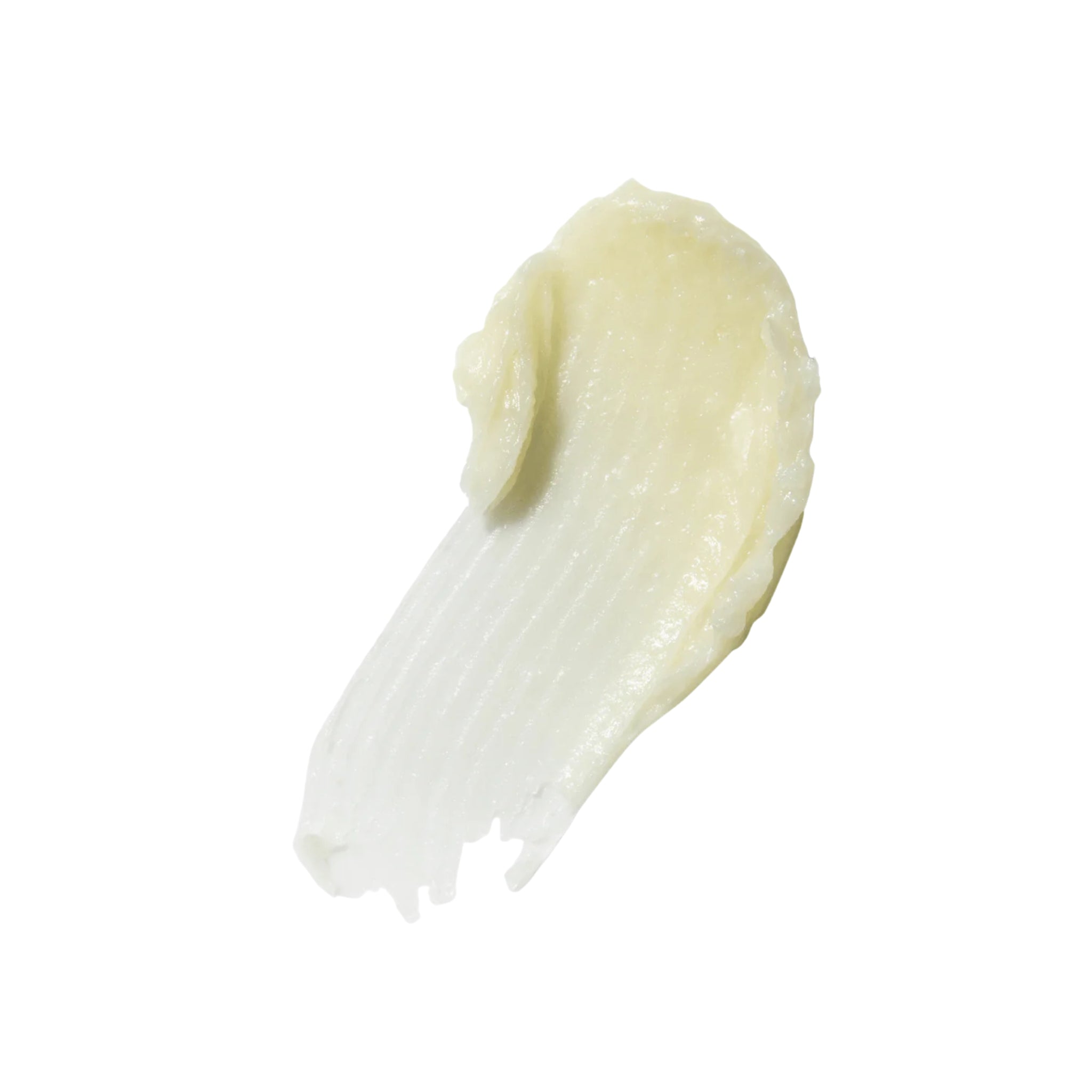 Nahaufnahme einer cremigen, weiß-gelblichen Textur des Lip Balms auf weißem Hintergrund zur Lippenpflege.