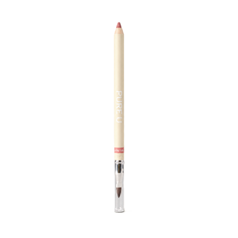 Pure U Soft Lipliner, beiger Stift mit transparentem Deckel und Applikator auf weißem Hintergrund, Make-up.