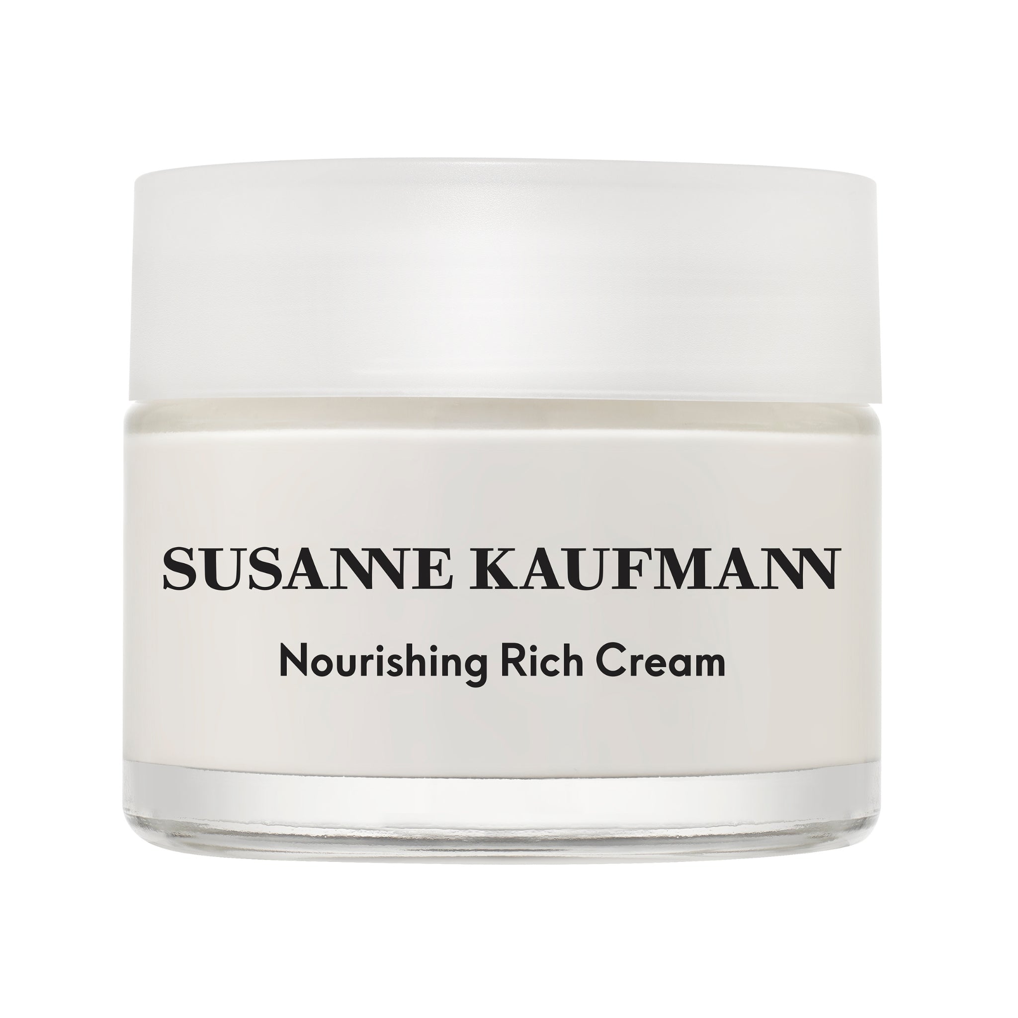 Susanne Kaufmann Nourishing Rich Cream im weißen Tiegel mit weißem Deckel vor weißem Hintergrund, Hautpflege