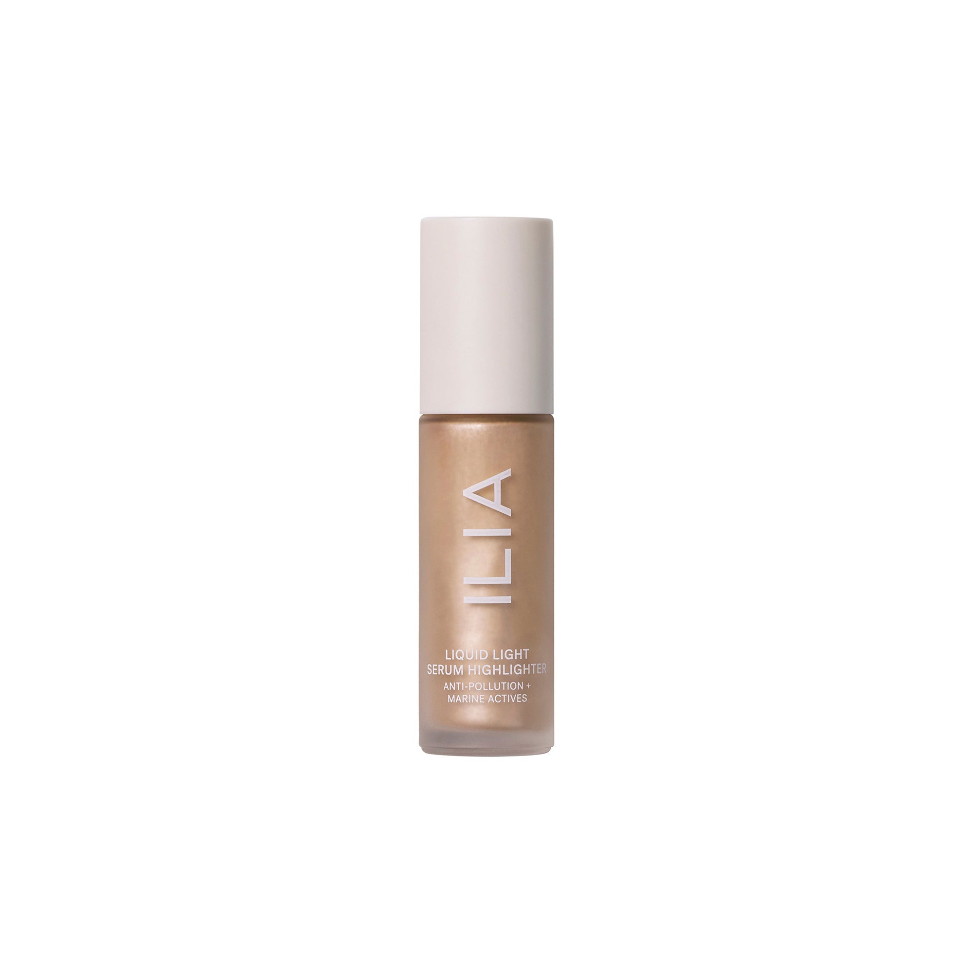 ILIA Liquid Light Serum Highlighter goldfarben mit beigem Verschluss auf weißem Grund, Hautpflege