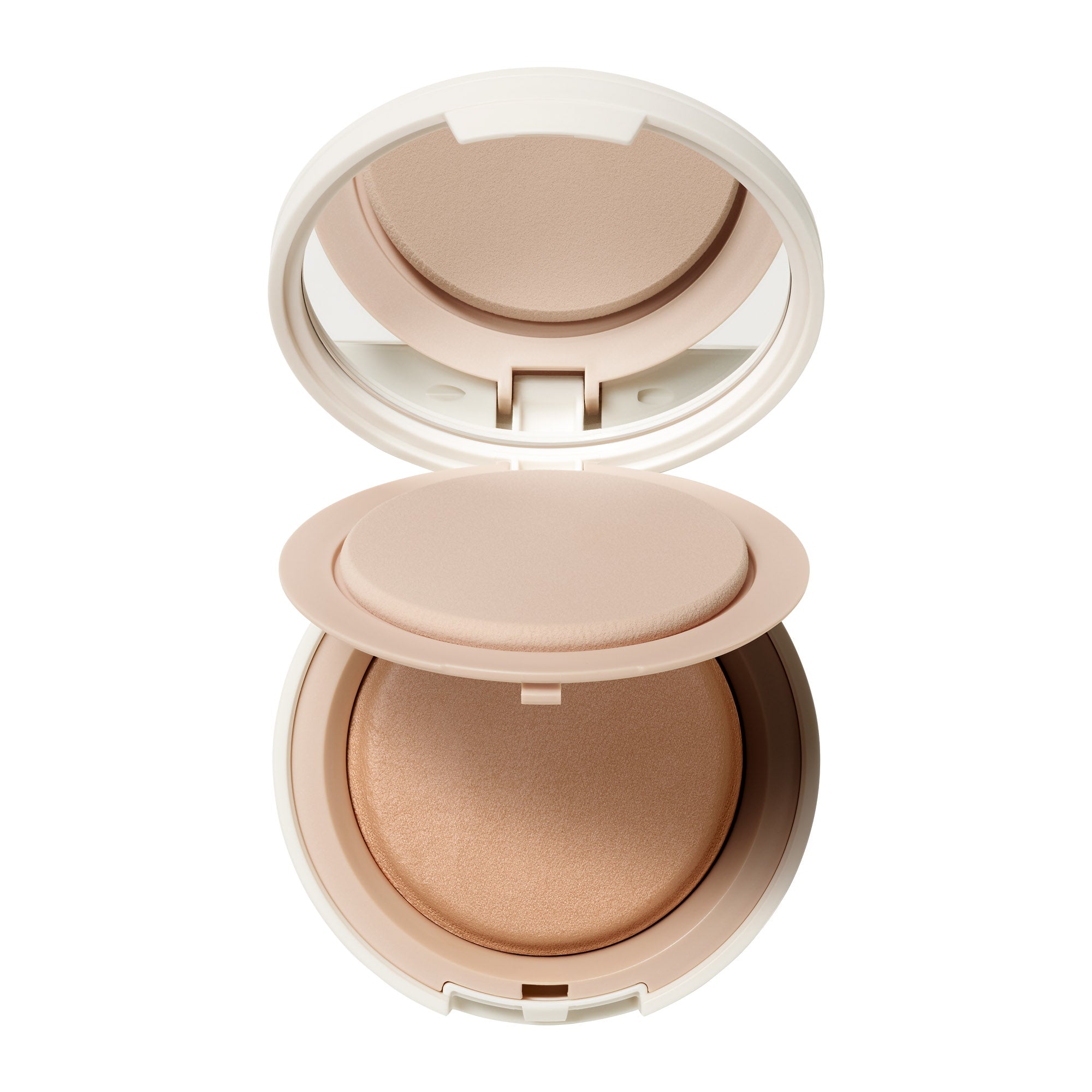 Soft Focus Finishing Powder im weißen runden Tiegel mit Puderquaste auf weißem Hintergrund, Make-up Puder