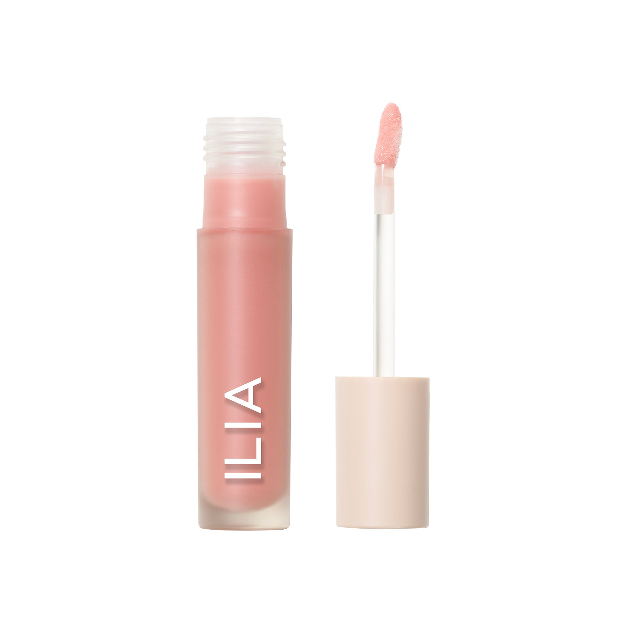 ILIA Overglaze Hydrating Lip Gloss in einer rosa mit passendem Verschluss auf weißem Grund, Lippenpflege