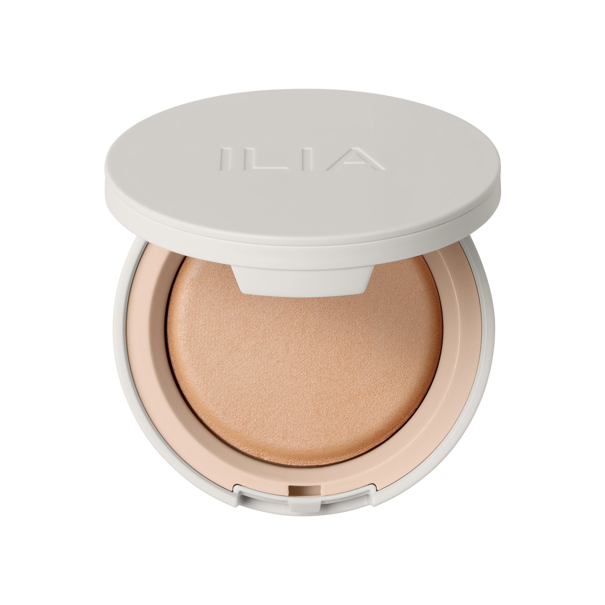 ILIA Soft Focus Finishing Powder in weißem Tiegel auf weißem Hintergrund, mattierendes Gesichtspuder