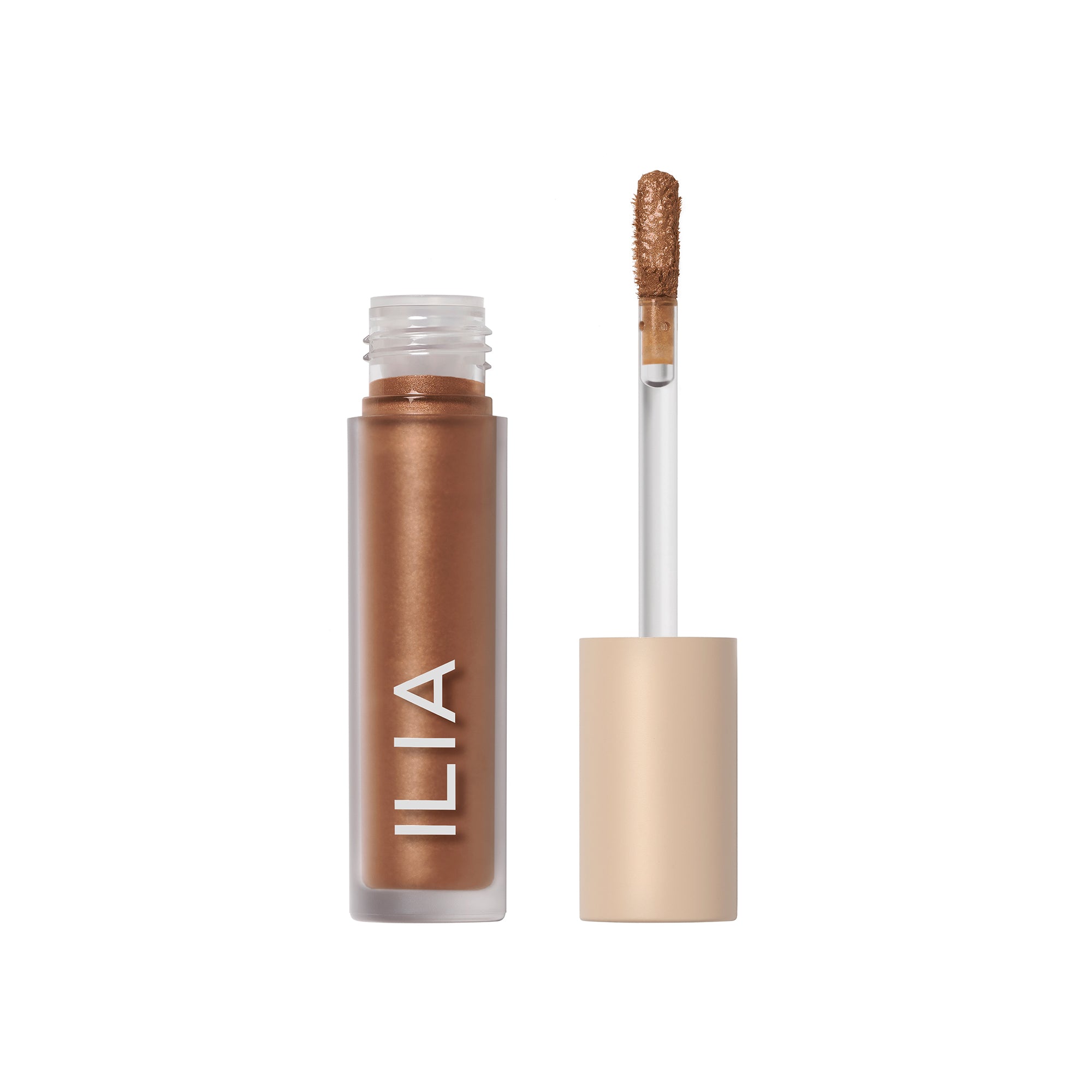 ILIA Liquid Powder Chromatic Eye Tint in braun mit Applikator auf weißem Hintergrund, Lidschatten