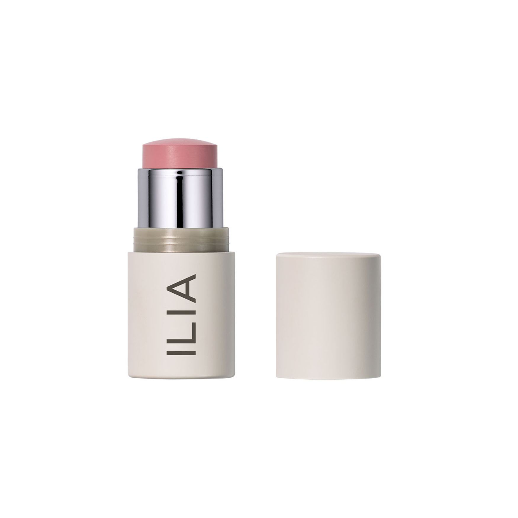 ILIA Multi-Stick in beiger Tube mit rosafarbenem Produkt und weißem Deckel auf weißem Grund, Make-up