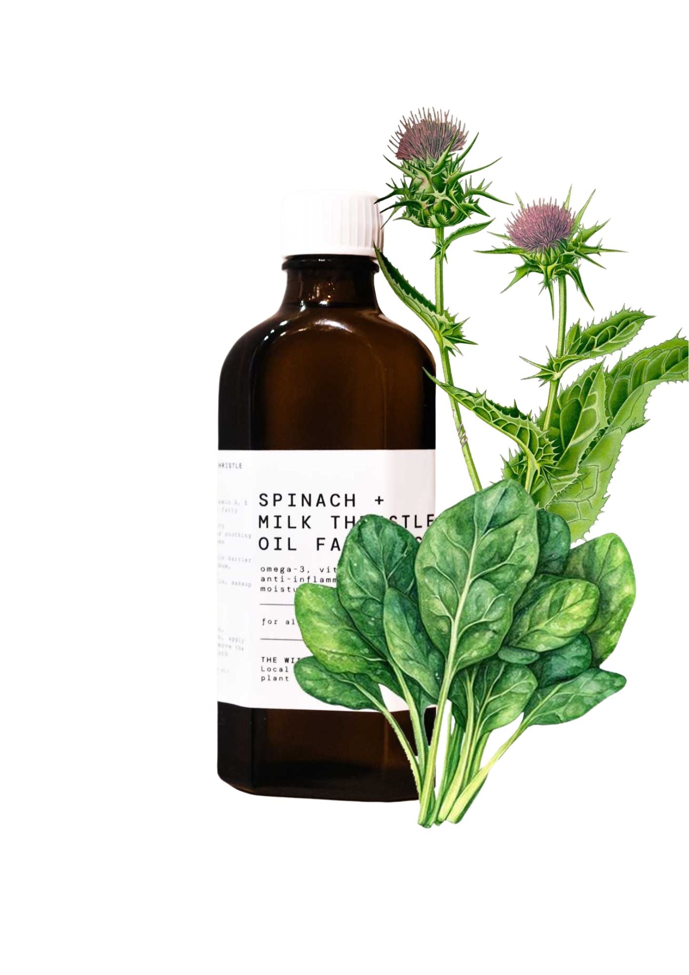 Braune Flasche mit weißem Verschluss für Spinach + Milk Thistle Oil Face Wash vor weißem Hintergrund, Hautpflege.