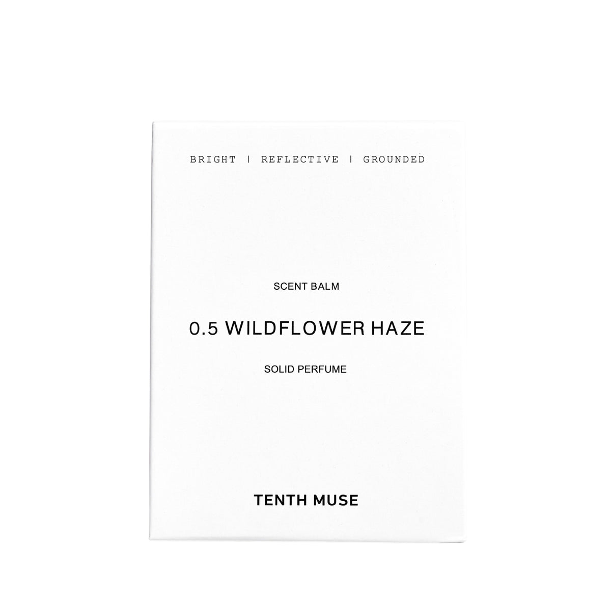 Tenth Muse 0.5 Wildflower Haze, weiße Kartonverpackung eines festen Parfums vor weißem Hintergrund.