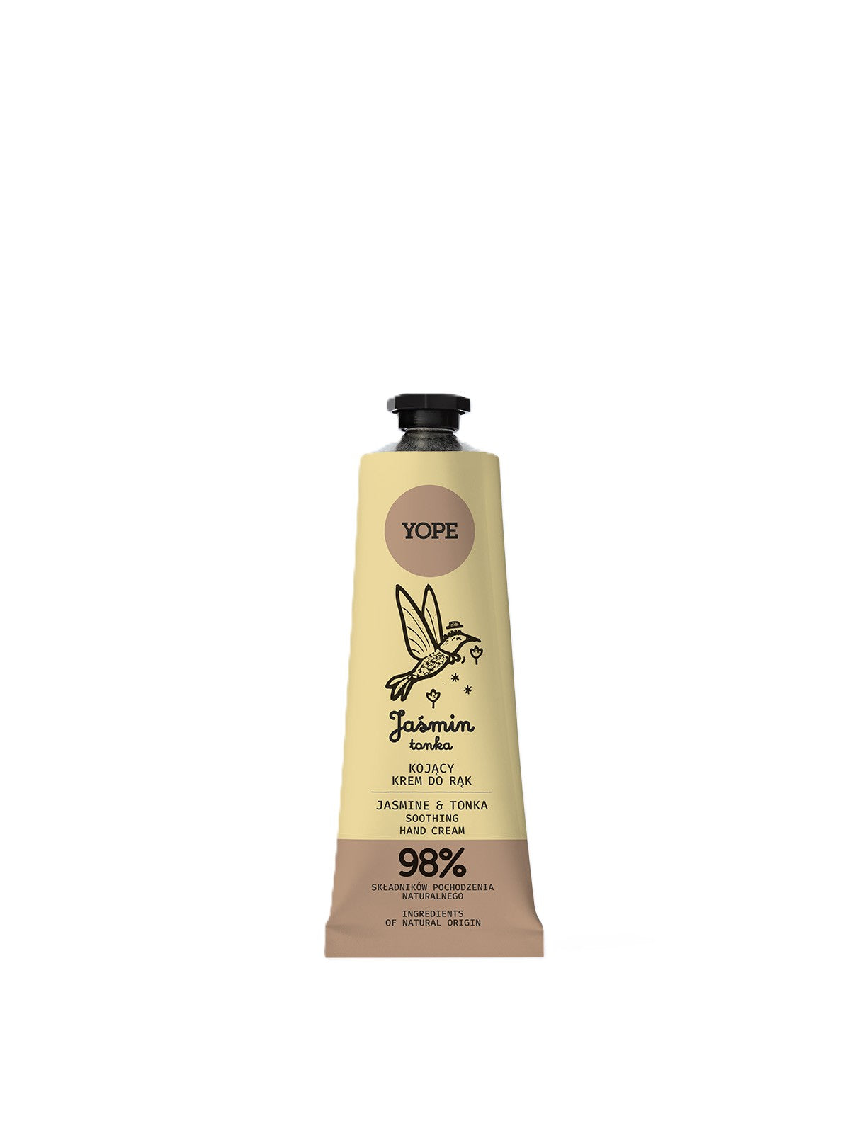 Yope Handcreme Jasmin & Tonka in einer Tube mit Vogel-Illustration.