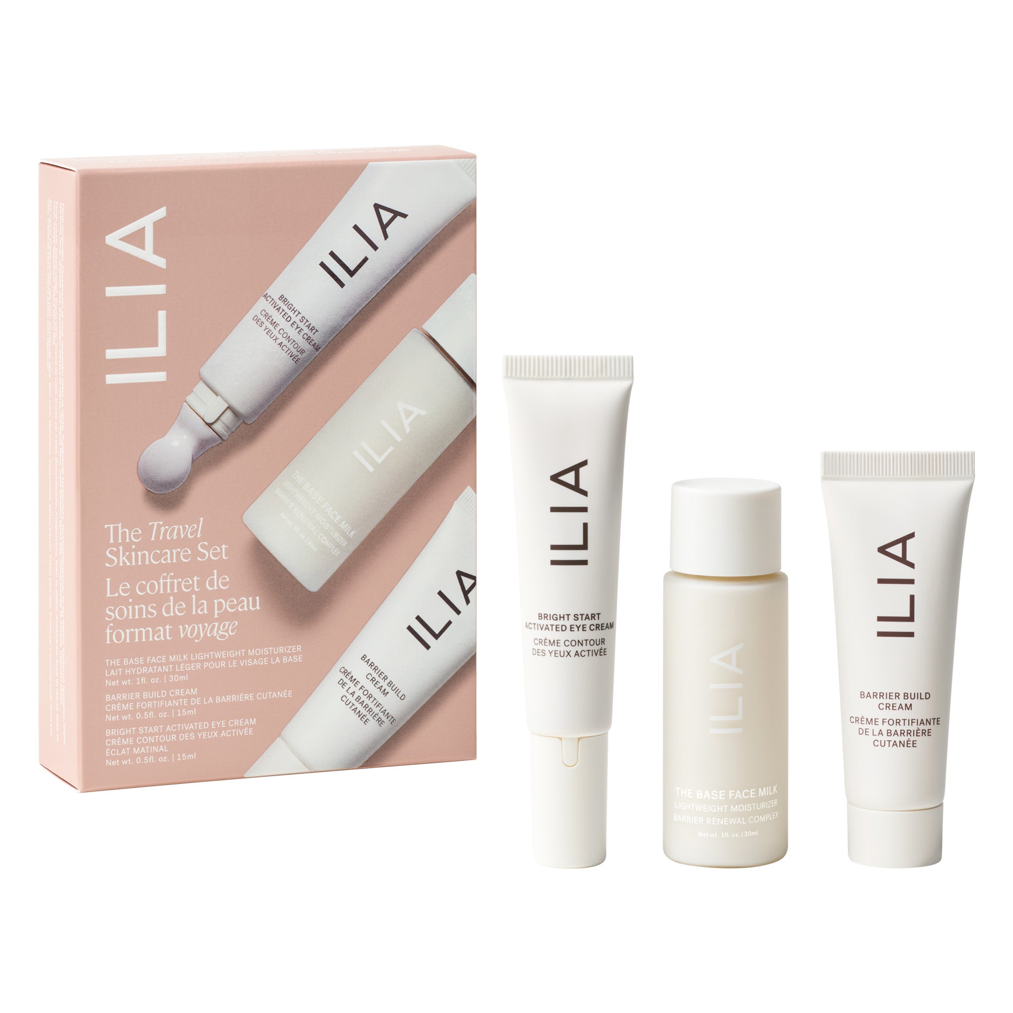 ILIA Travel Skincare Set – cremefarbene Tube und Flasche, weißer Hintergrund, 30ml & 15ml – Hautpflege