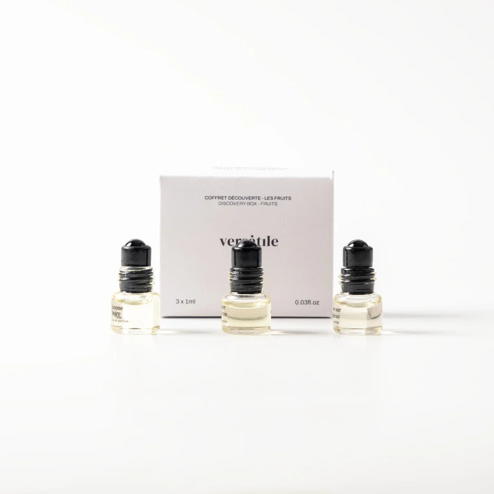 Versatile Discovery Box Fruity Scents: 3 durchsichtige 1ml Fläschchen mit schwarzen Schraubverschlüssen, Parfümset.