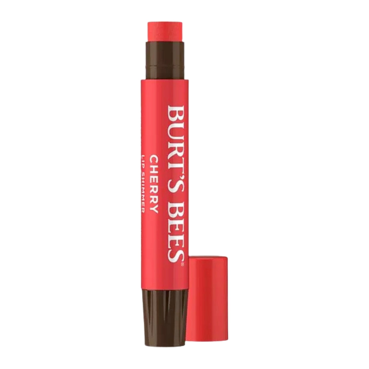 Burt’s Bees Lip Shimmer Cherry – roter Stift mit braunem Deckel, weißer Hintergrund – Lippenpflege