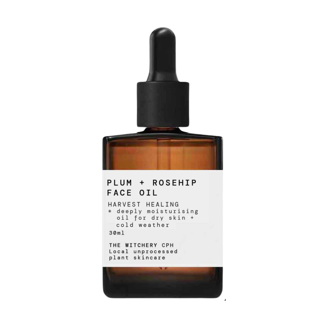 Plum Rosehip Face Oil in einer braunen 30ml Glasflasche mit Pipette auf weißem Hintergrund, Hautpflege