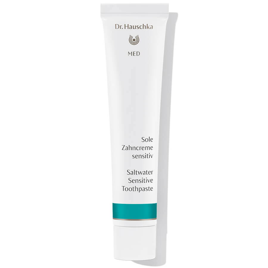 Dr. Hauschka MED Saltwater Sensitive Toothpaste – white tube with teal stripe, white cap, white background – oral care