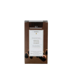 KORRES Argan Oil Permanent Hair Colorant 5.3 Golden/Honey Light Brown – brown box packaging, white background – hair care