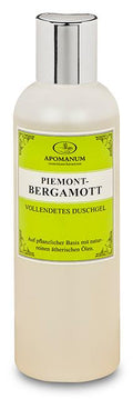 Apomanum Piemont Bergamott Shower Gel – cream-colored bottle with silver cap, green label, white background – shower care