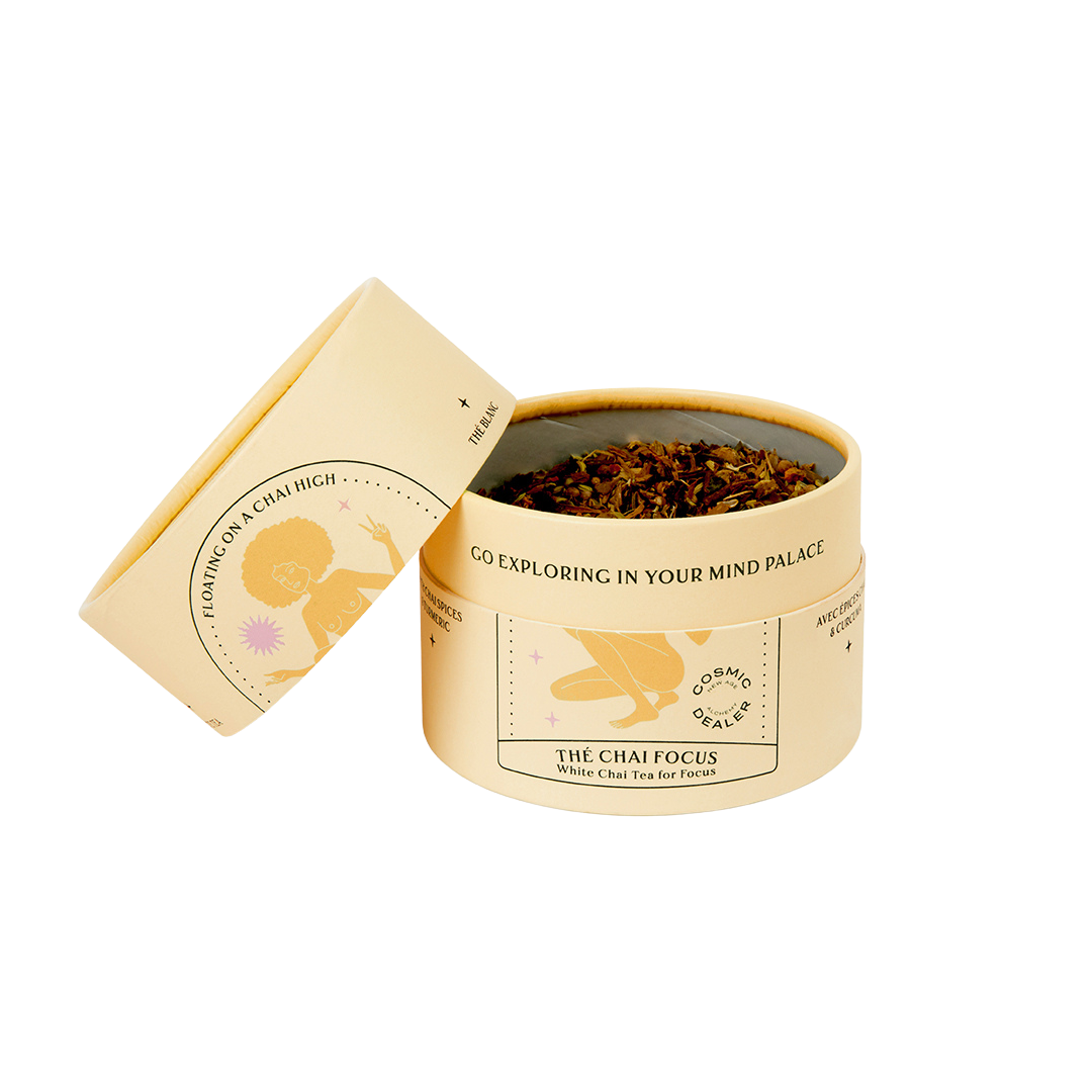 Floating on a Chai High White Ayurvedic Herbal Tea – cream-colored tin with lid, white background – wellness