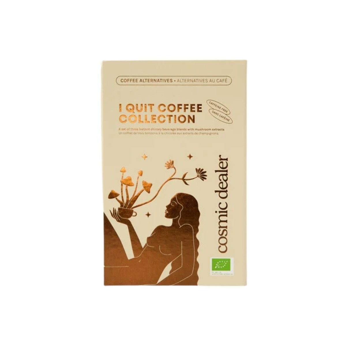 Cosmic Dealer I Quit Coffee Collection – cremefarbene Kartonverpackung, braune Illustration, weißer Hintergrund – Gesundheit