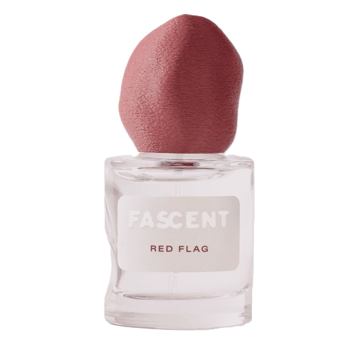 Fascent Red Flag Eau de Parfum – klares Glasfläschchen mit rosafarbenem Stoffverschluss, weißem Etikett, weißem Hintergrund – Parfüm