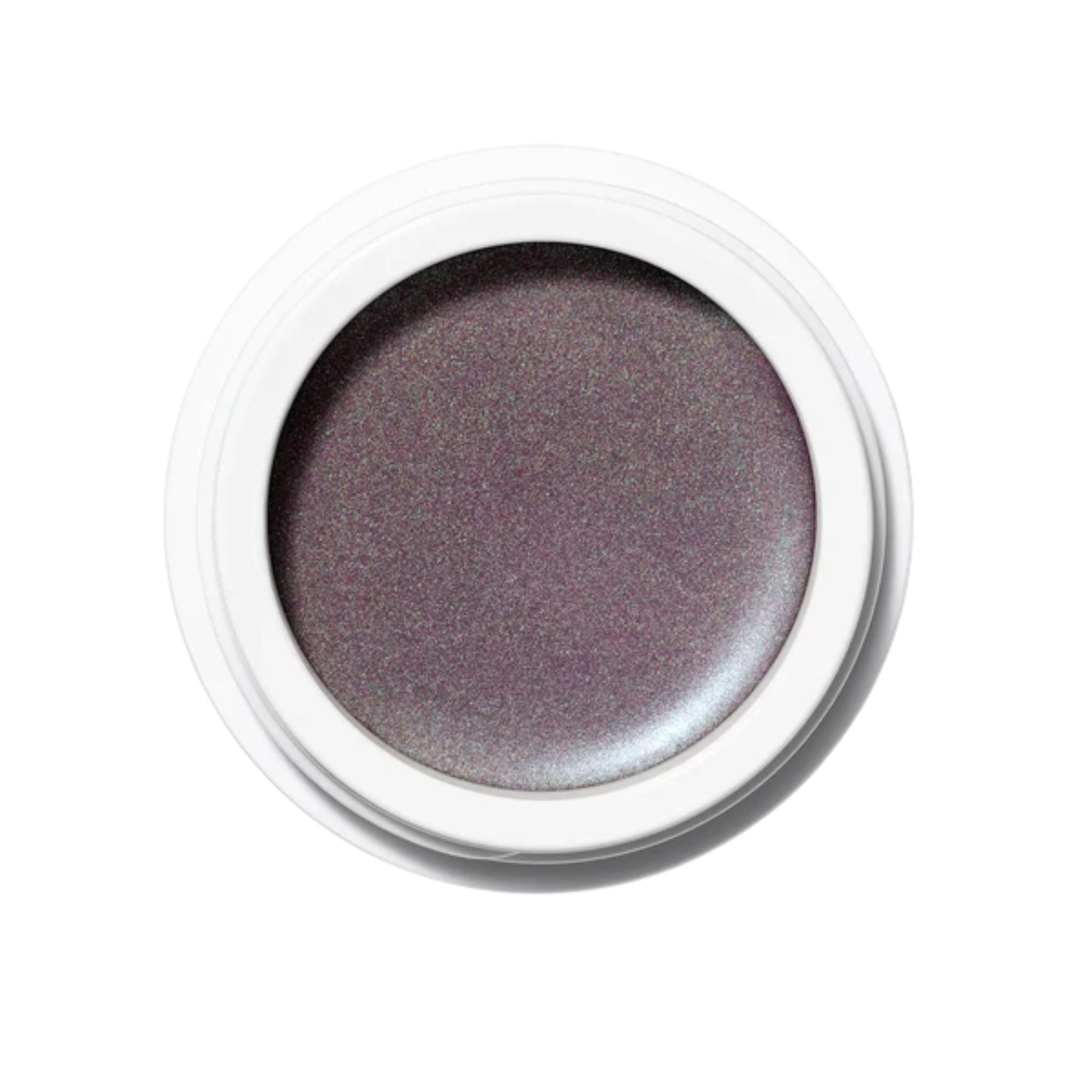 Eye Glow Colour in a white jar with purple-grey shimmer on a white background, eye makeup