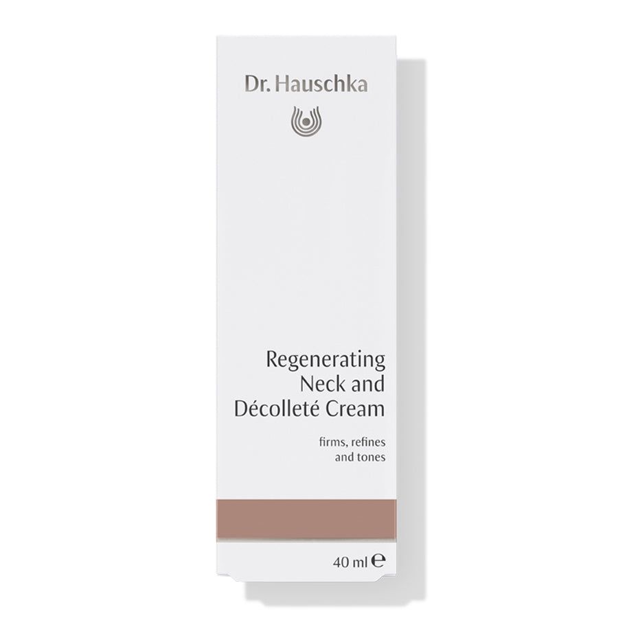 Dr. Hauschka Regenerating Neck and Décolleté Cream – white cardboard packaging 40ml, brown stripe, white background – skin care