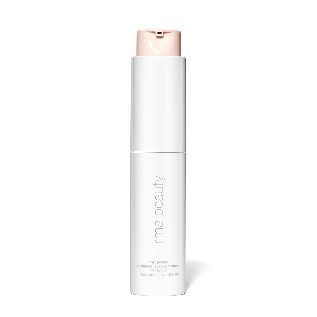 White rms beauty Re" Evolve Radiance Locking Primer bottle with pump dispenser on white background, skin care