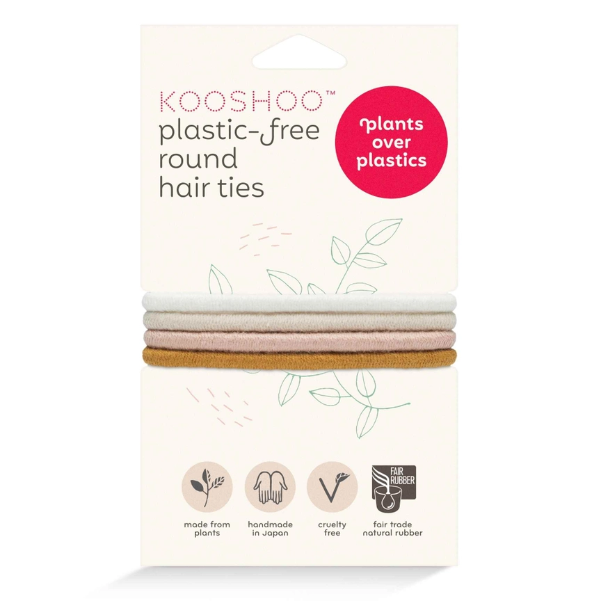KOOSHOO plastic-free round hair ties golden fibres, cream packaging, white background – hair care