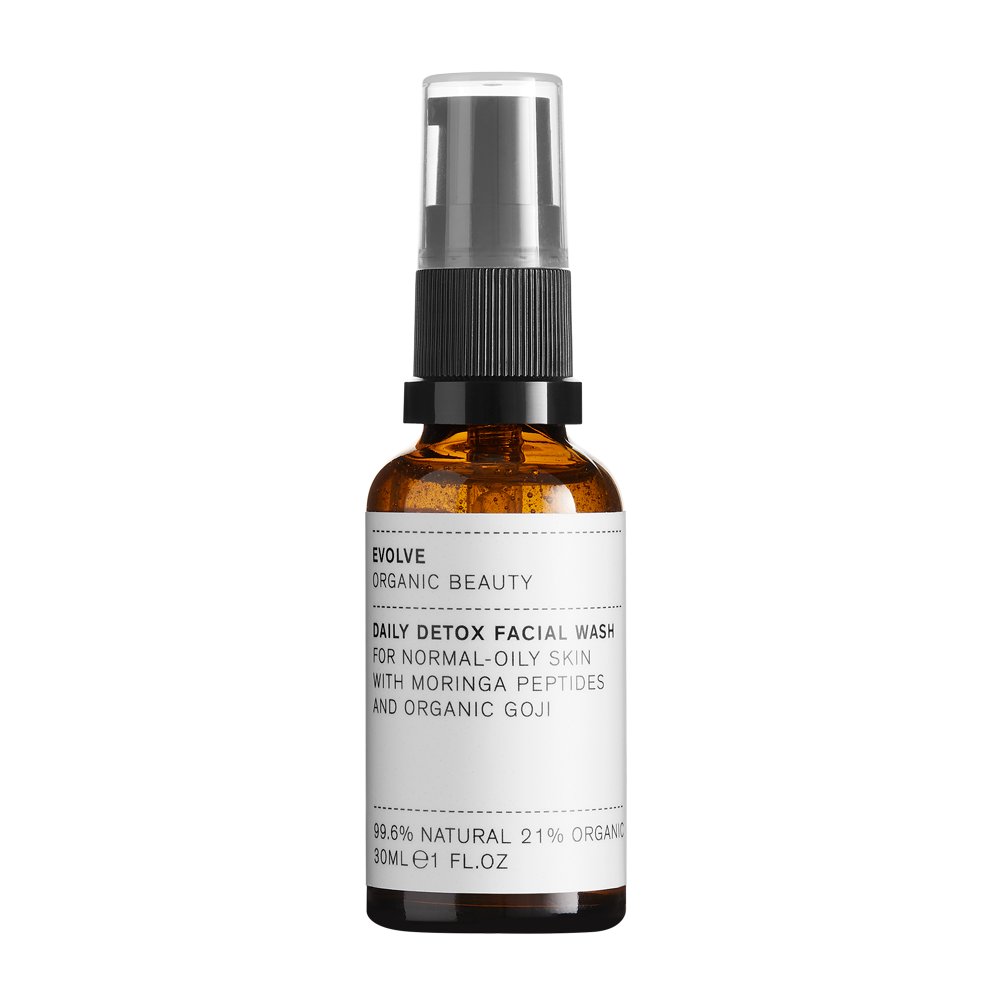 Evolve Organic Beauty Daily Detox Facial Wash, brown spray bottle with black pump on white background, 30ml skin care