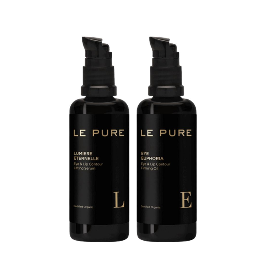 LE PURE E&L The Eye Set – zwei schwarze Pumpflaschen mit goldener Beschriftung, weißem Hintergrund – Augenpflege