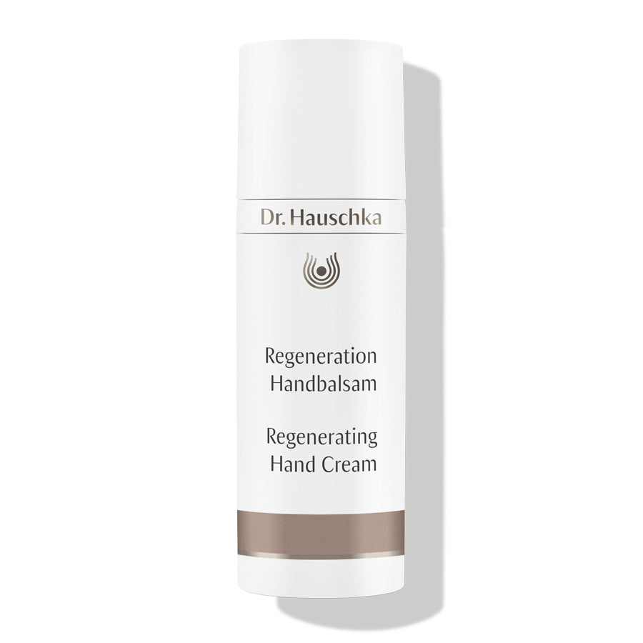 Dr. Hauschka Regeneration Handbalm – white tube with brown band, white background – hand care